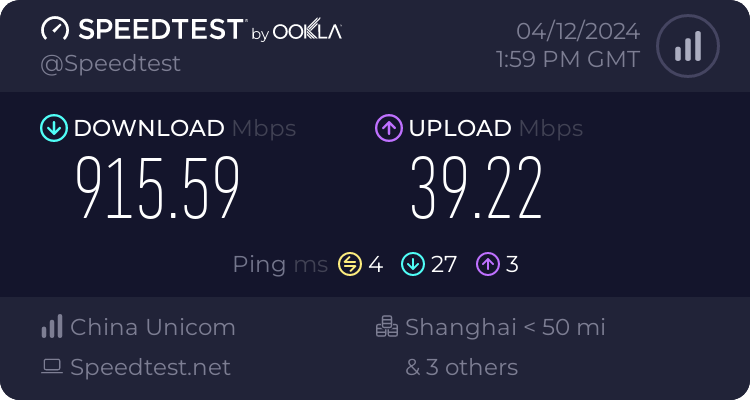 下载：915.59Mbps上传：39.22MbpsPing：空闲4ms，下载27ms，上传3ms